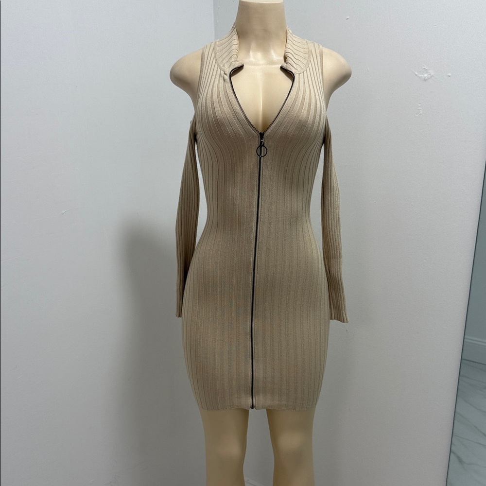 Elegant Beige Ribbed Knit Dress